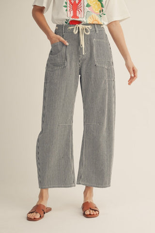Sutton Striped Denim Barrel Jeans - Black & White Cropped Leg