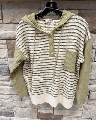 Sage Striped Henley Hooded Sweater | Cozy Fall Knit