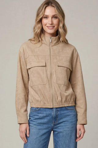 Lux-Soft Faux Suede Zip-Front Utility Jacket - Taupe