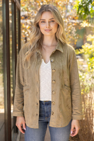 Premium Olive Suede Collared Button-Down Jacket