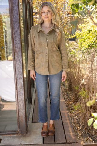 Premium Olive Suede Collared Button-Down Jacket