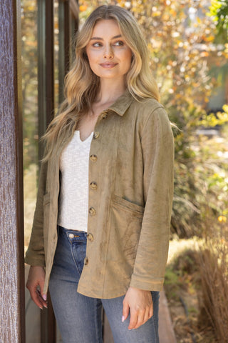 Premium Olive Suede Collared Button-Down Jacket
