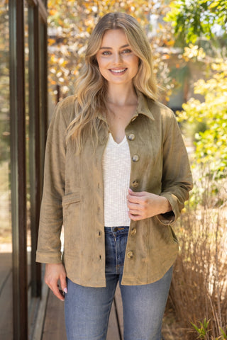 Premium Olive Suede Collared Button-Down Jacket