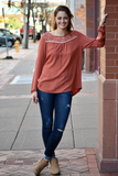 Long Sleeve Top with Embroidery Tape Trim - urbanity online